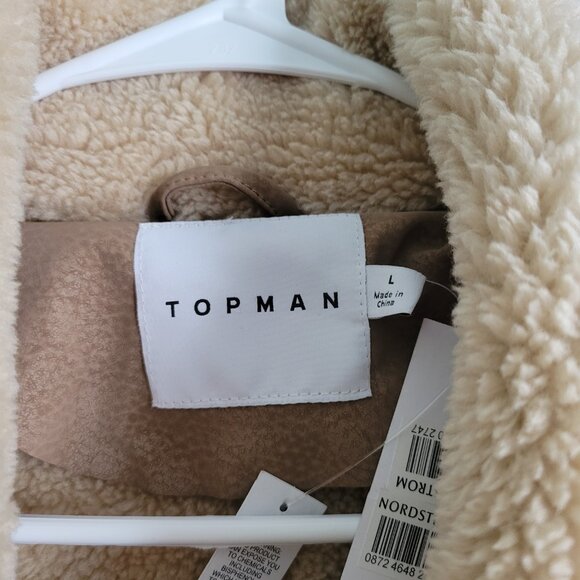 Topman Tan Jacket Men's Large Faux Shearling Borg Collar Aviator Buckle Coat NWT - Picture 2 of 12